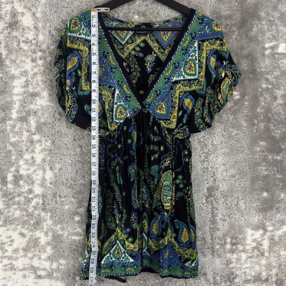 Angie Sz S Boho Paisley Artsy V Neck Whimsigoth Tunic Top Short Sleeve Colorful - Picture 2 of 7